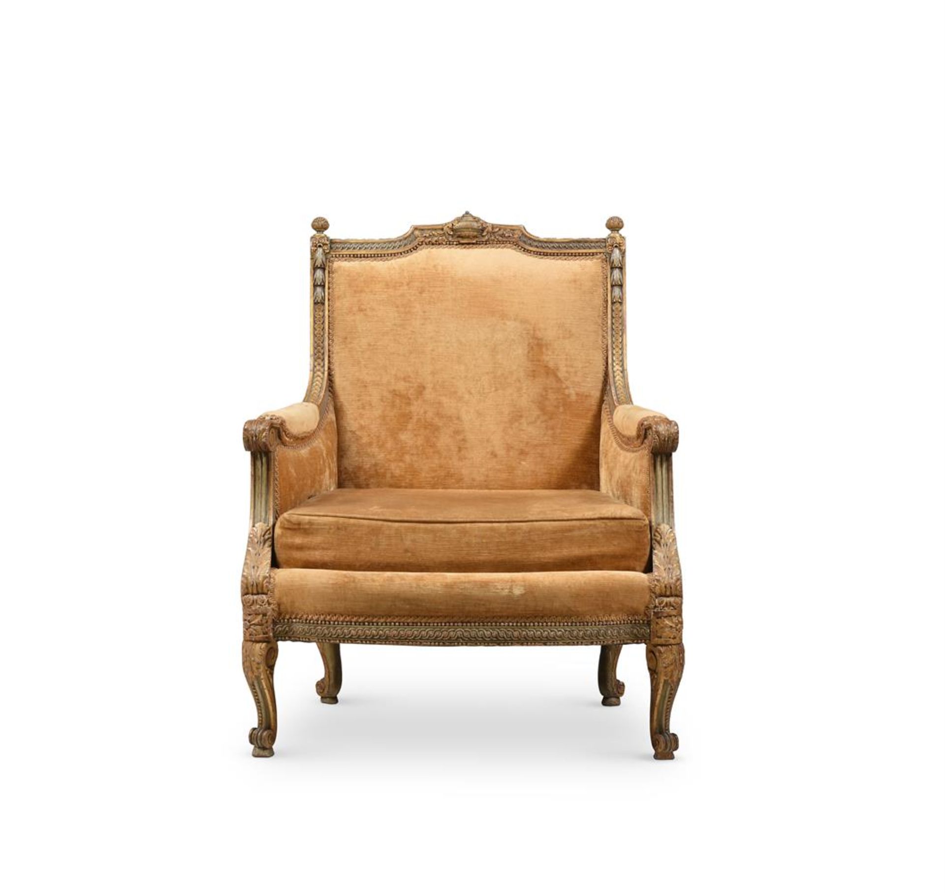 A LARGE PARCEL GILT, PAINTED AND UPHOLSTERED ARMCHAIR, IN THE MANNER OF GEORGES JACOB, 19TH CENTURY