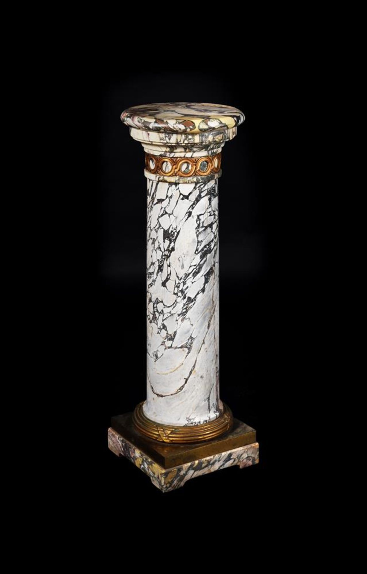 A FRENCH VARIAGATED WHITE MARBLE AND GILT METAL MOUNTED PEDESTAL COLUMN, SECOND HALF 19TH CENTURY