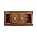 Y A VICTORIAN SATINWOOD, SPECIMEN CROSSBANDED AND PARQUETRY DECORATED SIDE CABINET