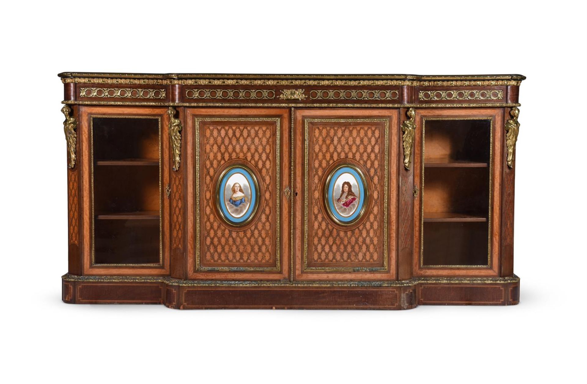 Y A VICTORIAN SATINWOOD, SPECIMEN CROSSBANDED AND PARQUETRY DECORATED SIDE CABINET