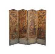 A PAINTED FOUR FOLD ROOM SCREEN, 19TH CENTURY AND PARTLY LATER PAINTED