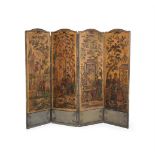 A PAINTED FOUR FOLD ROOM SCREEN, 19TH CENTURY AND PARTLY LATER PAINTED