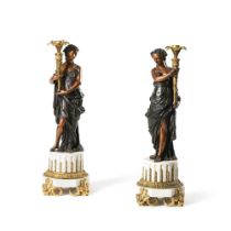 A PAIR OF ORMOLU AND PATINATED BRONZE FIGURAL CANDELABRA, FRENCH, LATE 19TH CENTURY