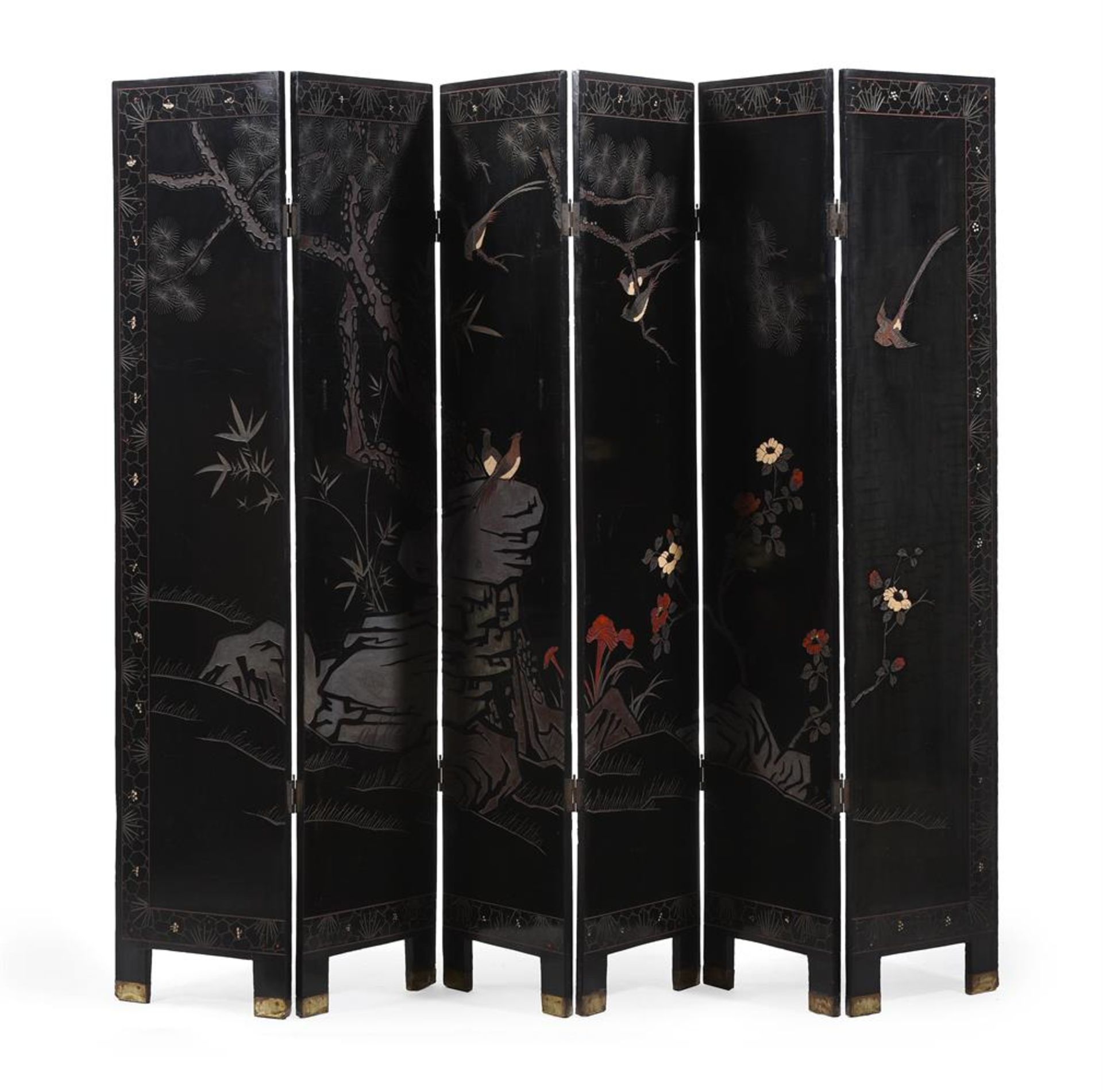 A JAPANESE BLACK LACQUER AND DECORATED SIX-FOLD SCREEN, MEIJI PERIOD - Image 4 of 4
