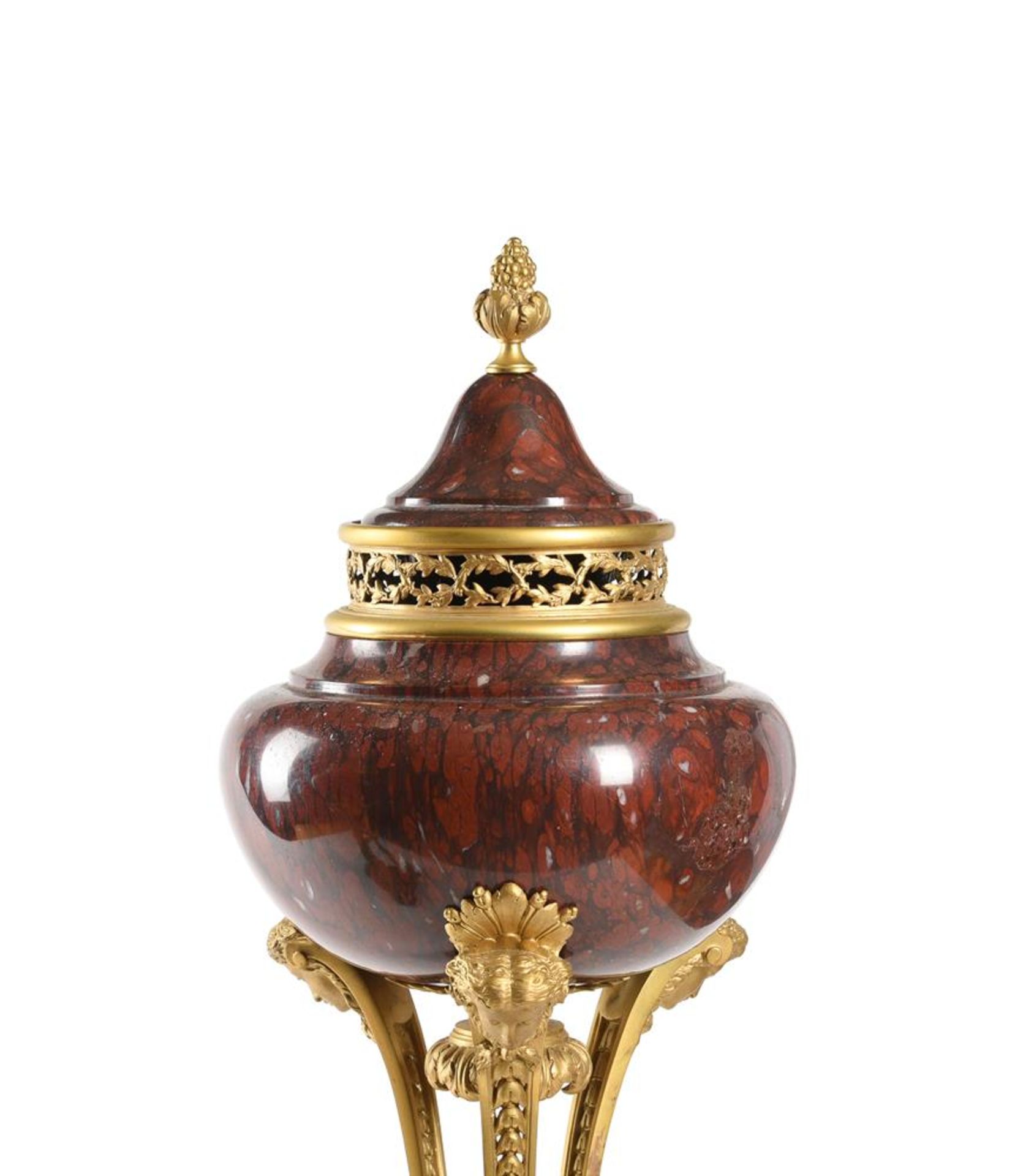 A LARGE PAIR OF FRENCH ORMOLU MOUNTED ROUGE GRIOTTE MARBLE BRULE PARFUMS, 19TH OR 20TH CENTURY - Image 3 of 4