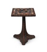 Y AN ANGLO-INDIAN CARVED ROSEWOOD AND SPECIMEN MARBLE TOPPED OCCASIONAL TABLE