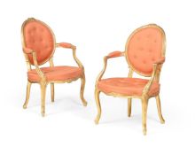 A PAIR OF GEORGE III CARVED GILTWOOD ARMCHAIRS, CIRCA 1770
