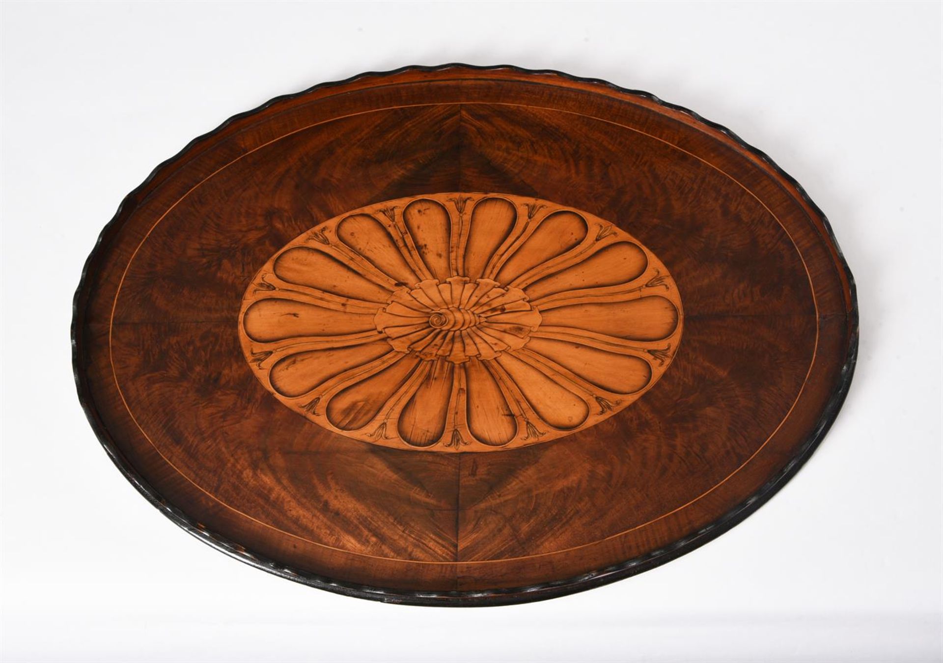 A GEORGE III FIGURED MAHOGANY, CROSSBANDED AND INLAID OVAL TRAY, CIRCA 1800 - Image 2 of 2