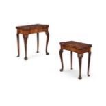 A CLOSELY MATCHED PAIR OF WALNUT CONCERTINA ACTION CARD TABLES, LATE 19TH OR EARLY 20TH CENTURY