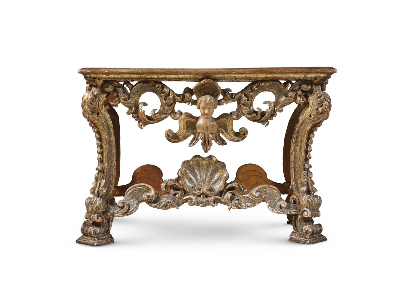 A CARVED GILTWOOD AND LUMACHELLA MARBLE CONSOLE TABLE, ITALIAN, FIRST HALF 18TH CENTURY