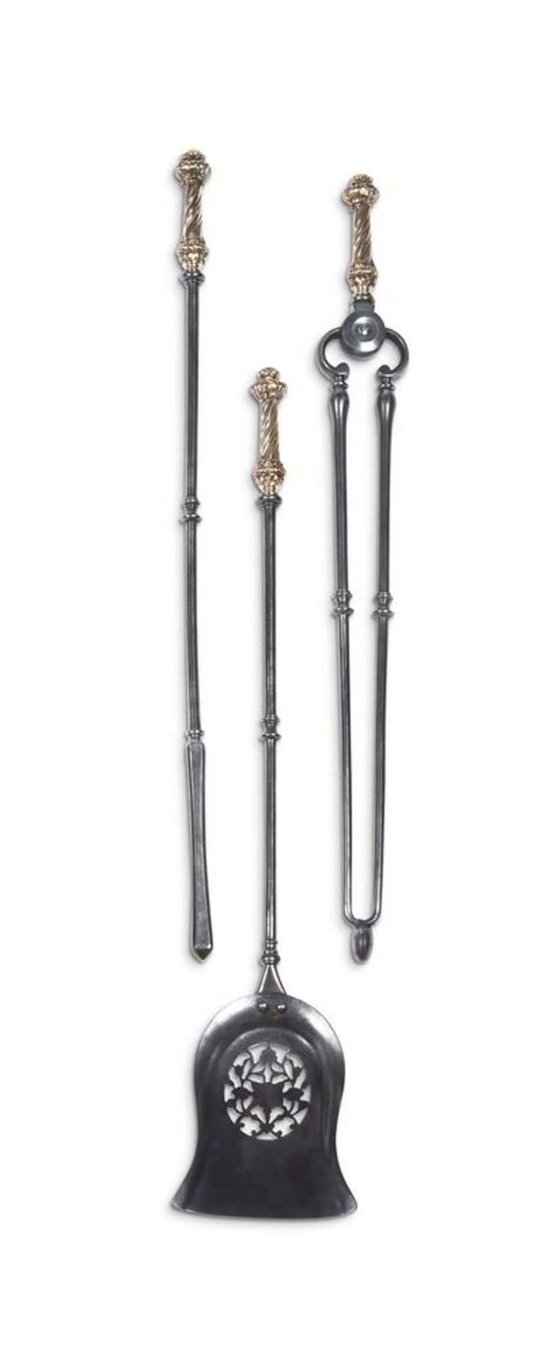 A SET OF THREE GILT BRONZE AND POLISHED STEEL FIRE TOOLS, 19TH CENTURY
