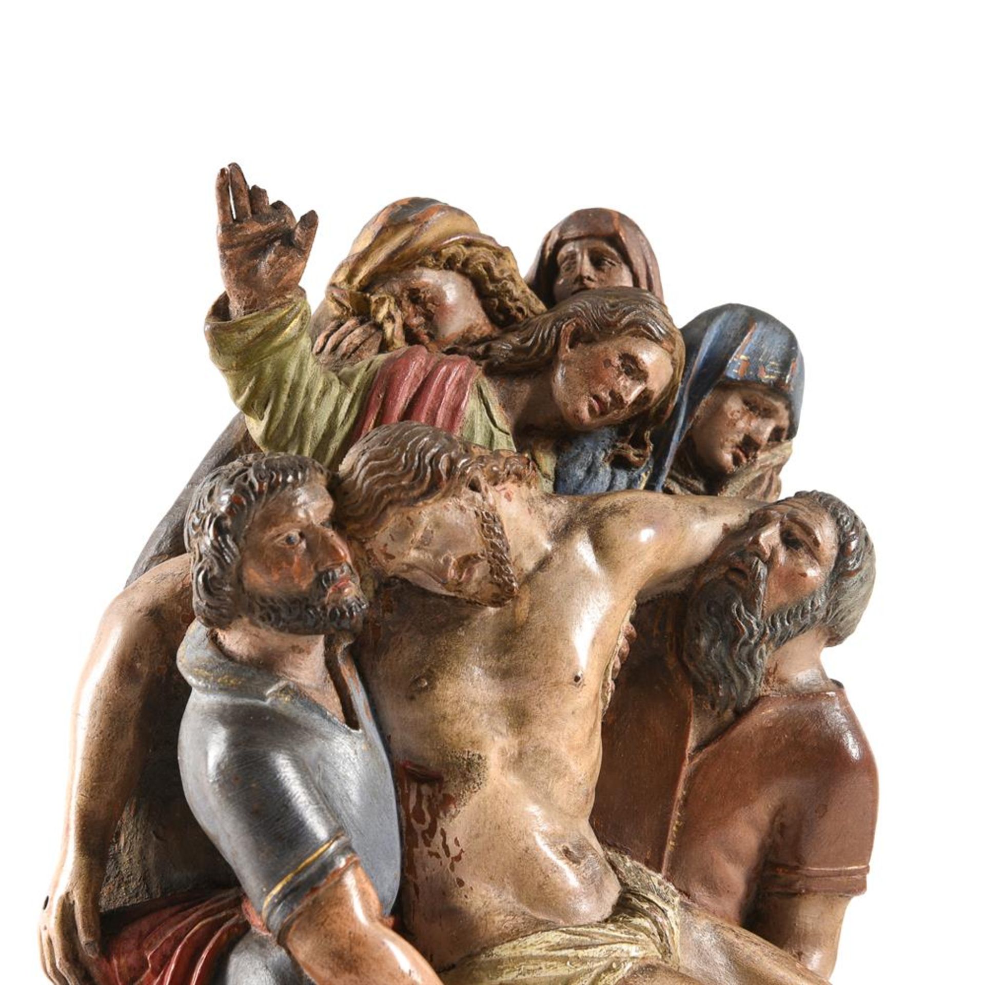 A CARVED AND POLYCHROME WOOD GROUP OF THE DEPOSITION OR LAMENTATION, 17TH CENTURY - Bild 2 aus 3