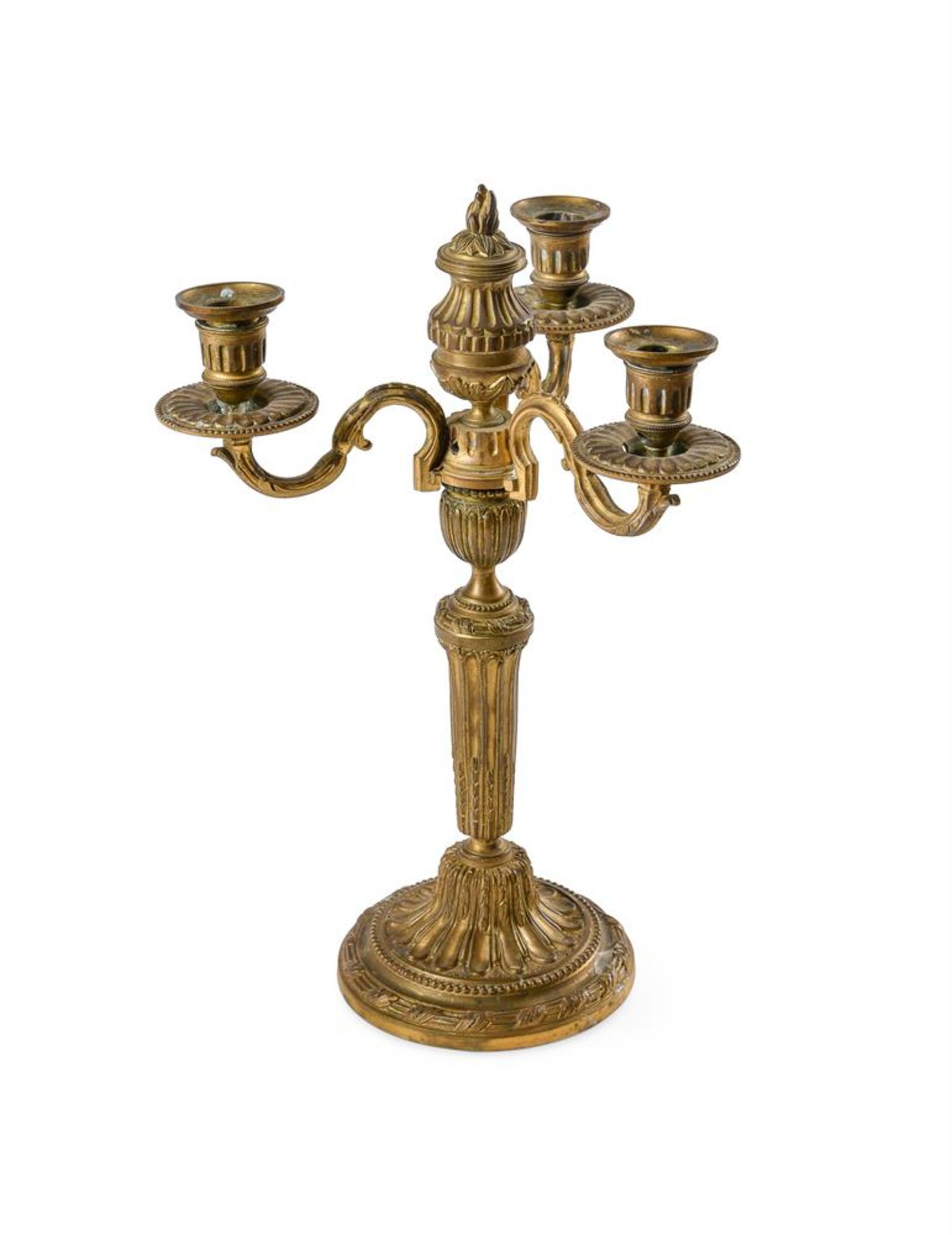 A PAIR OF FRENCH GILT BRONZE THREE LIGHT CANDLESTICKS, 18TH CENTURY AND LATER - Image 2 of 2