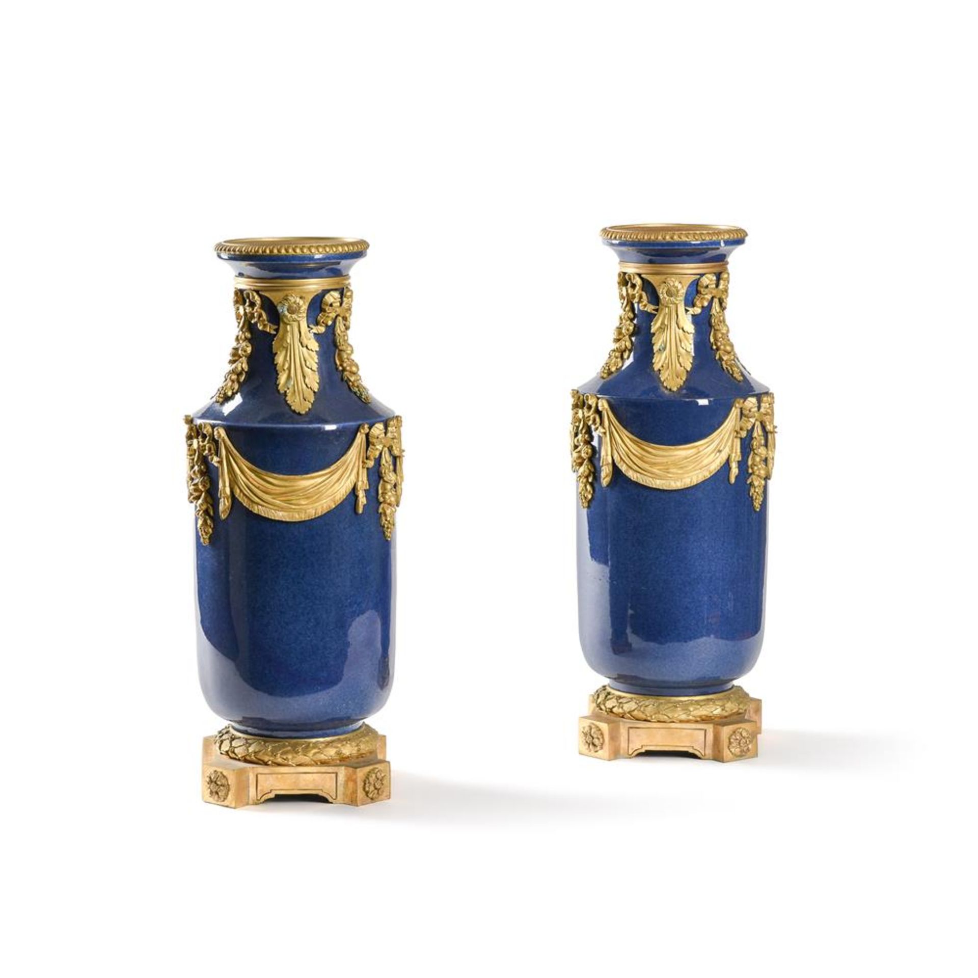 A LARGE PAIR OF ORMOLU MOUNTED BLUE PORCELAIN VASES, FRENCH, 19TH CENTURY