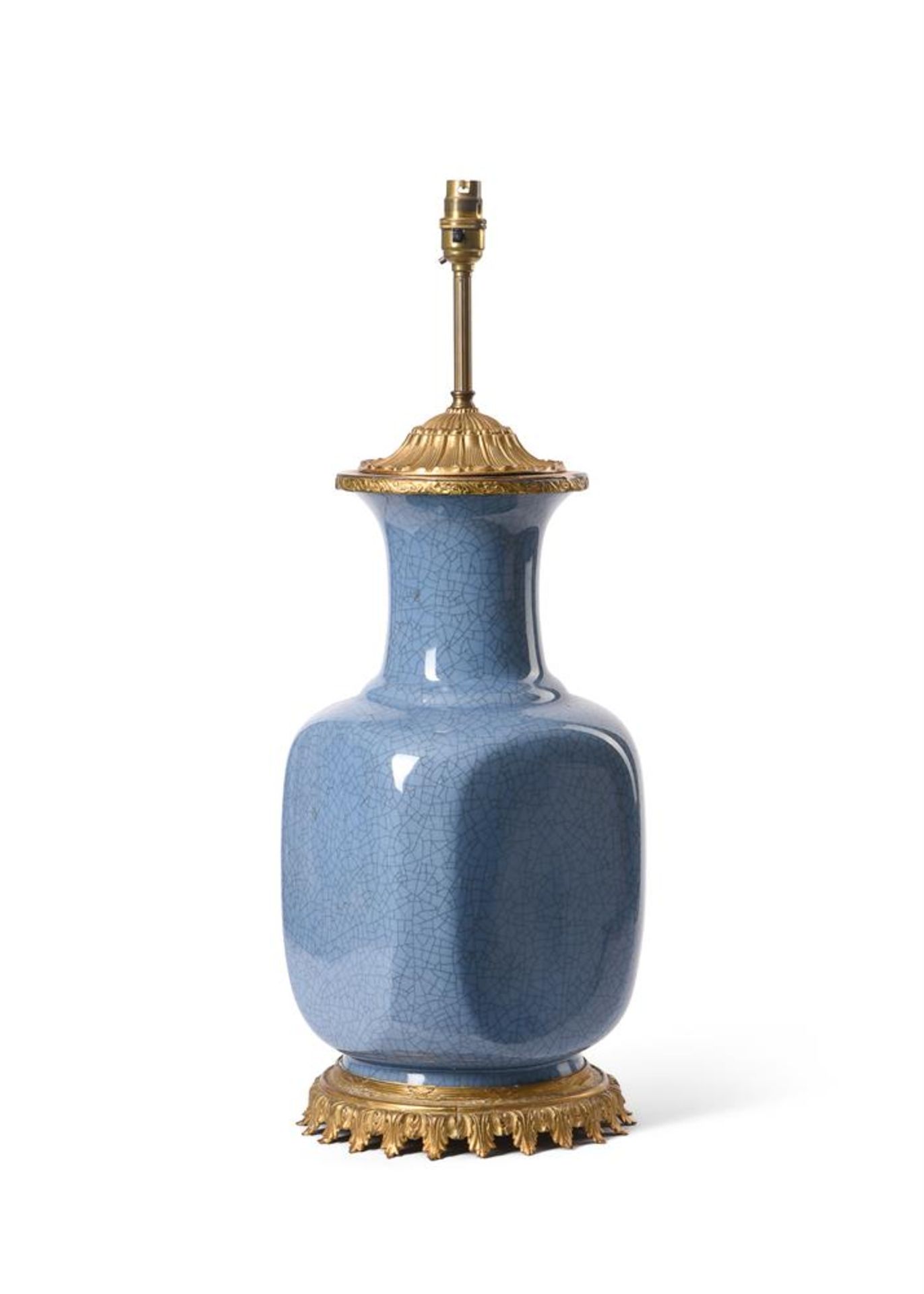 A PAIR OF GILT METAL MOUNTED BLUE CRACKLE GLAZED PORCELAIN TABLE LAMPS - Image 2 of 3
