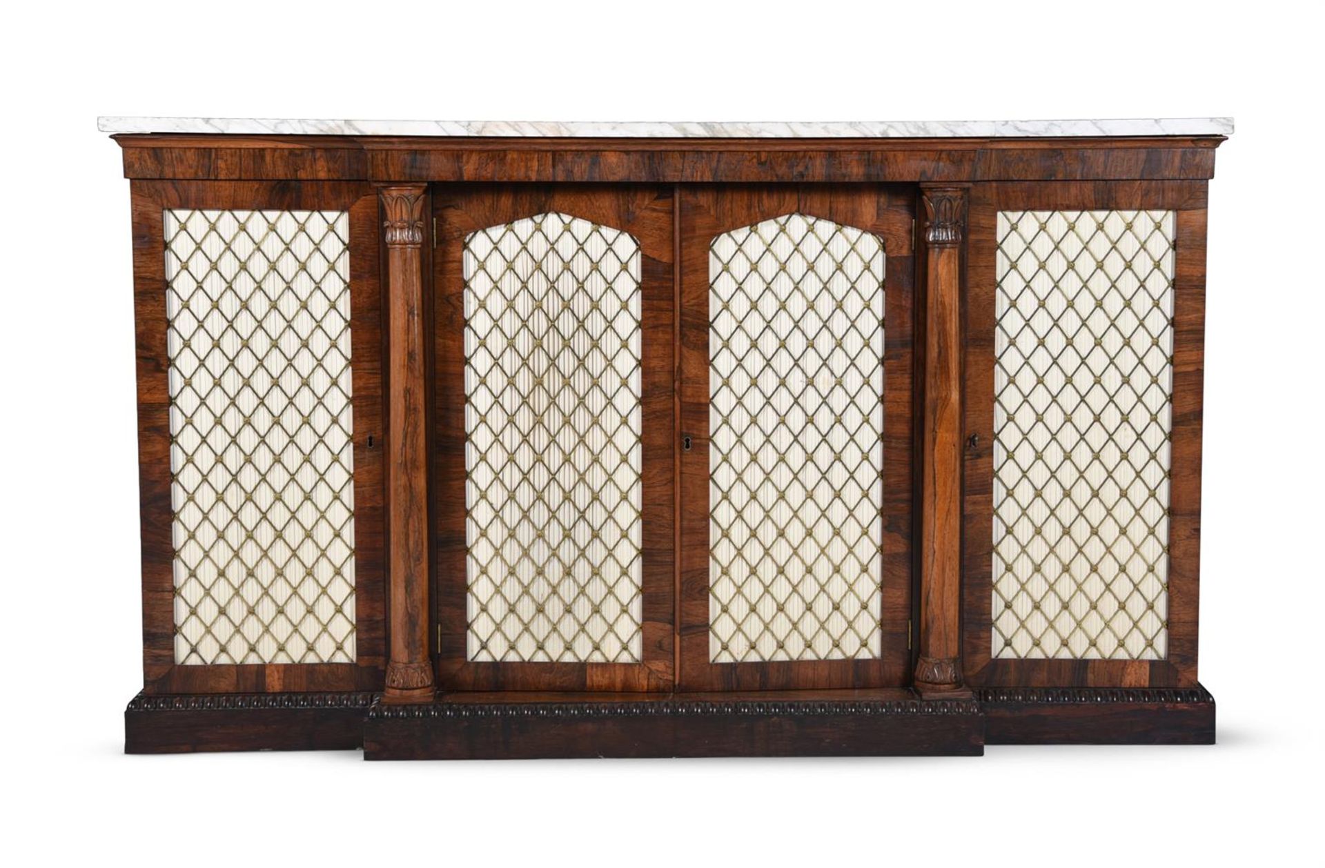 Y A REGENCY ROSEWOOD AND MARBLE TOPPED BREAKFRONT SIDE CABINET, CIRCA 1820