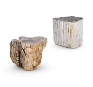 A PAIR OF PART POLISHED PETRIFIED WOOD STOOLS