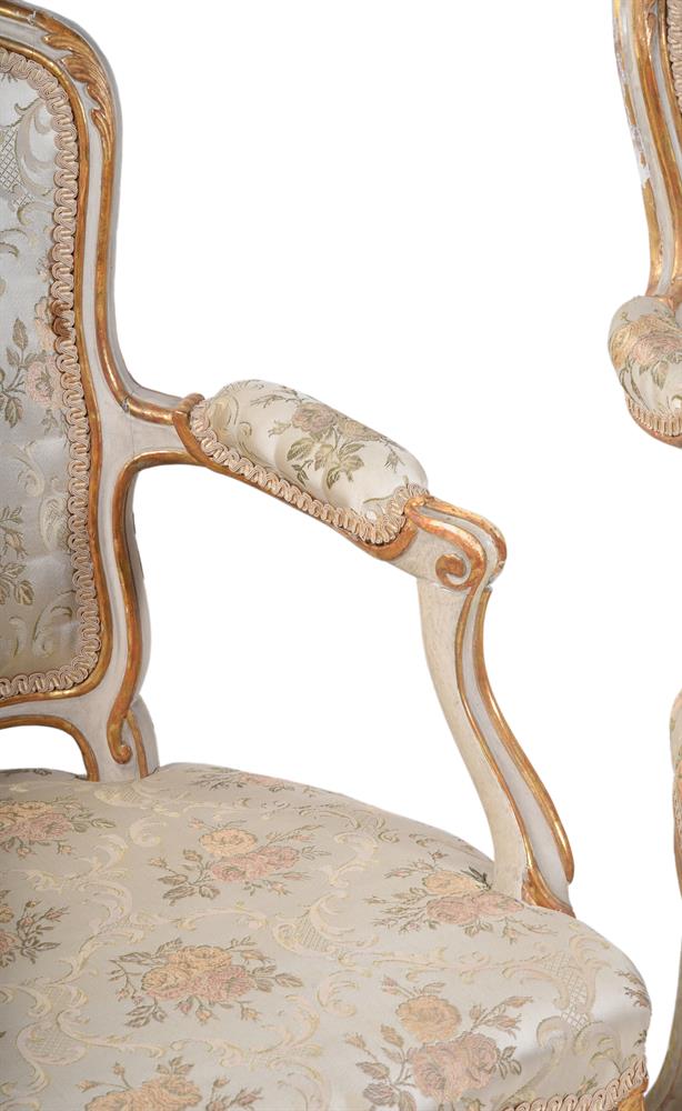 A SET OF THREE LOUIS XV PAINTED AND PARCEL GILT FAUTEUILS, THIRD QUARTER 18TH CENTURY - Image 3 of 4