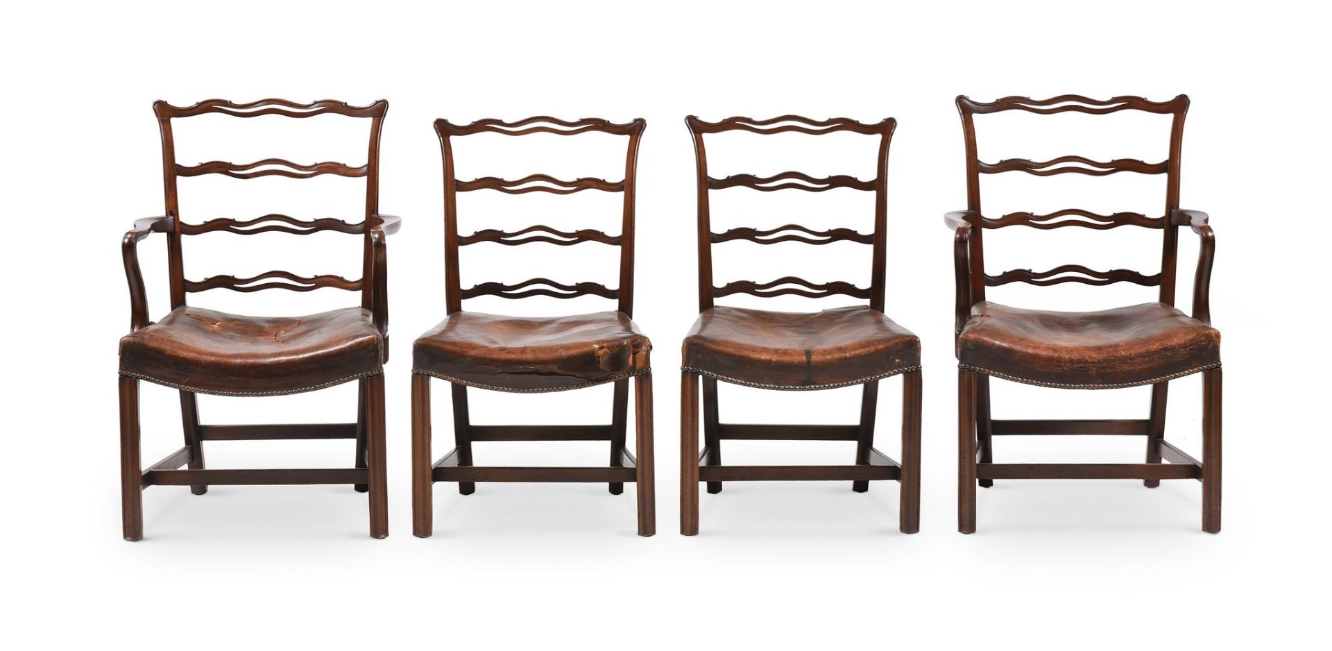 A HARLEQUIN SET OF FOURTEEN MAHOGANY AND UPHOLSTERED LADDERBACK DINING CHAIRS, LATE 19TH CENTURY - Image 4 of 6