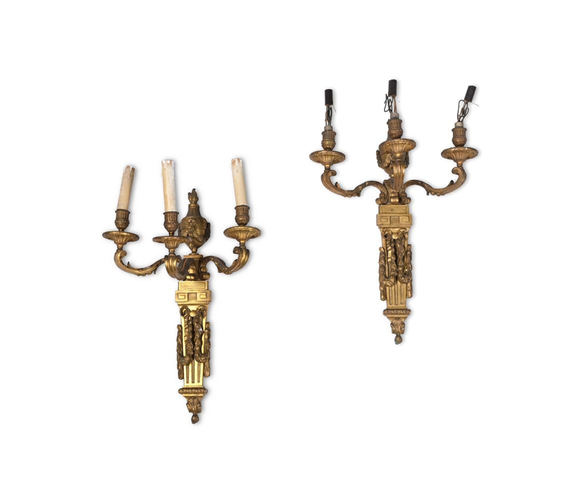 A PAIR OF FRENCH GILT BRONZE THREE BRANCH WALL LIGHTS, LATE 19TH CENTURY