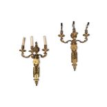 A PAIR OF FRENCH GILT BRONZE THREE BRANCH WALL LIGHTS, LATE 19TH CENTURY