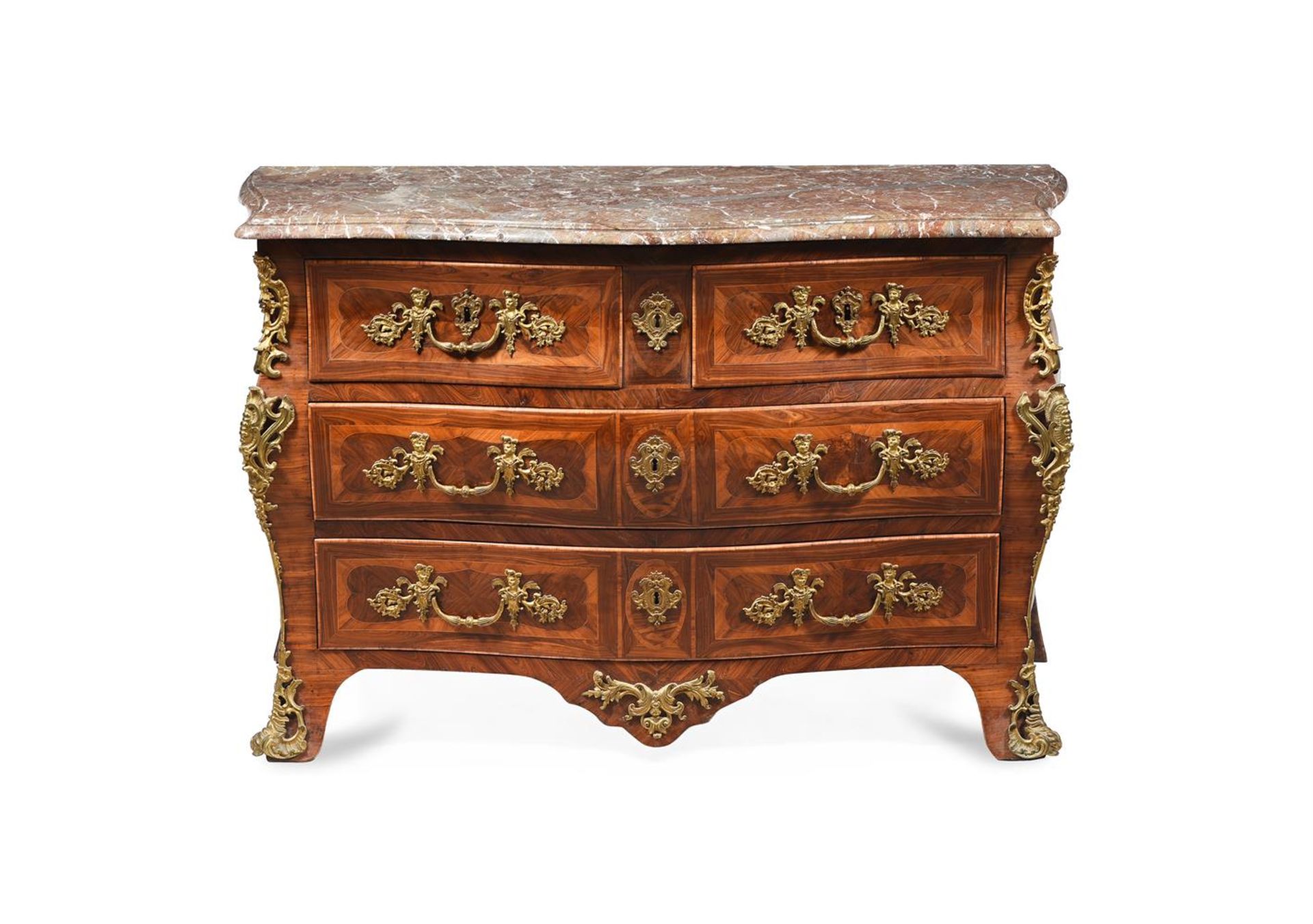 Y A LOUIS XV KINGWOOD, TULIPWOOD PARQUETRY AND GILT METAL MOUNTED COMMODE, FIRST HALF 18TH CENTURY