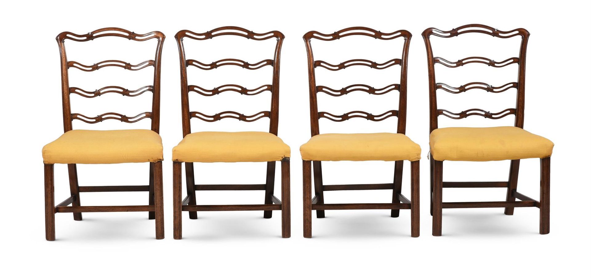 A HARLEQUIN SET OF FOURTEEN MAHOGANY AND UPHOLSTERED LADDERBACK DINING CHAIRS, LATE 19TH CENTURY - Image 3 of 6