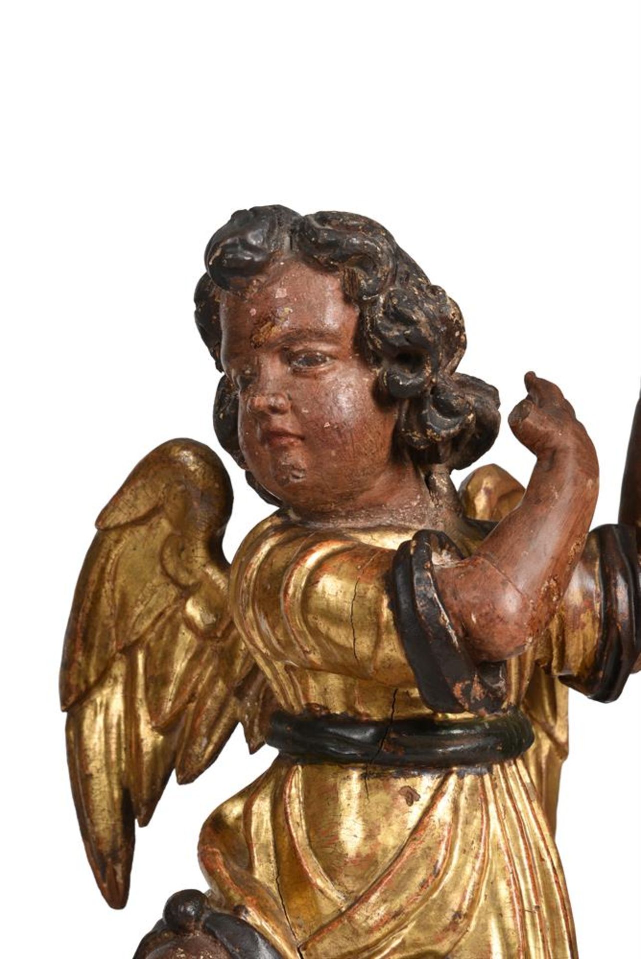 A PAIR OF POLYCHROME AND GILT FIGURES OF ANGELS, PROBABLY FRENCH, 18TH CENTURY AND LATER - Image 2 of 4