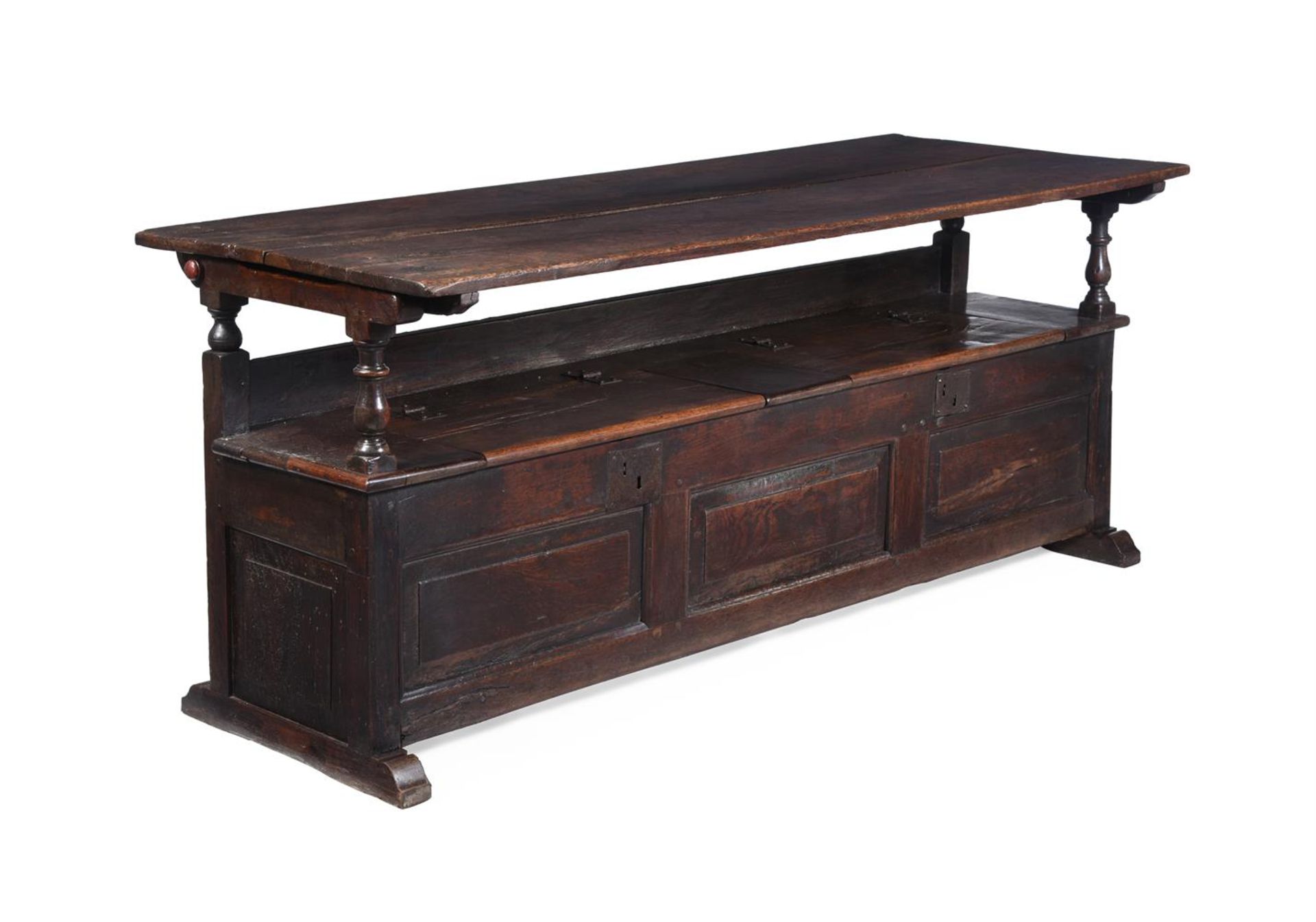 A CARVED OAK METAMORPHIC TABLE SETTLE, LATE 17TH OR EARLY 18TH CENTURY - Image 2 of 3