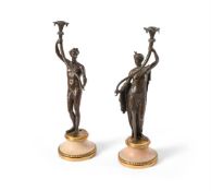 A PAIR OF GEORGE III GILT AND PATINATED BRONZE AND MARBLE 'APOLLO AND DIANA' FIGURAL CANDLESTICKS