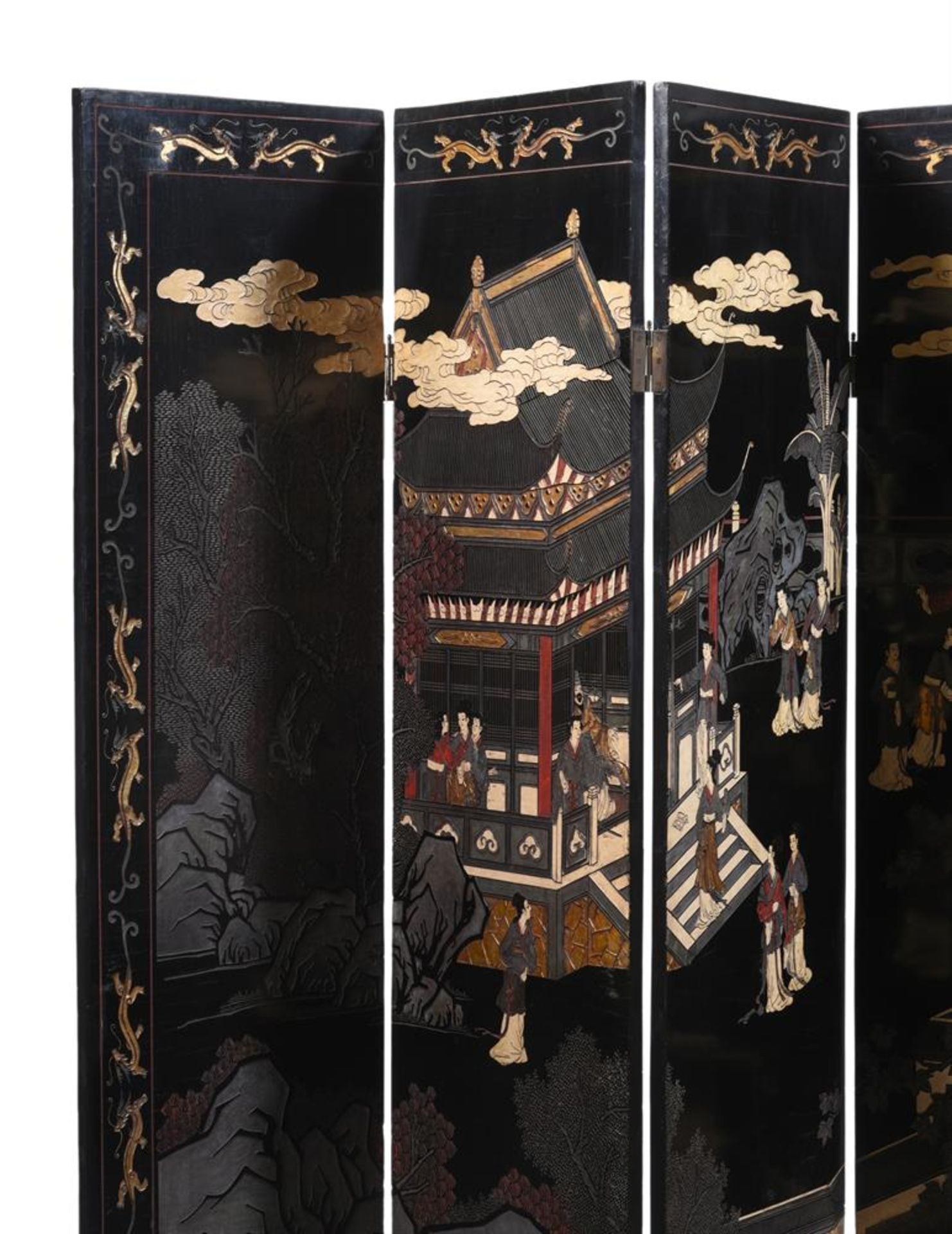 A JAPANESE BLACK LACQUER AND DECORATED SIX-FOLD SCREEN, MEIJI PERIOD - Image 3 of 4