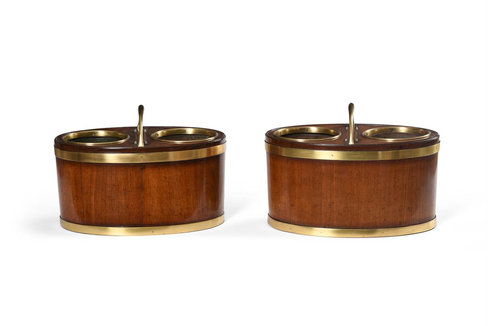 A RARE PAIR OF GEORGE III BRASS MOUNTED MAHOGANY TABLE TOP OVAL WINE COOLERS, CIRCA 1790 - Image 2 of 3