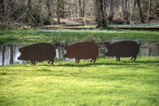 A SET OF THREE METAL PIG LAWN FIGURES, MODERN