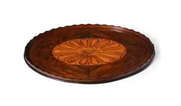 A GEORGE III FIGURED MAHOGANY, CROSSBANDED AND INLAID OVAL TRAY, CIRCA 1800