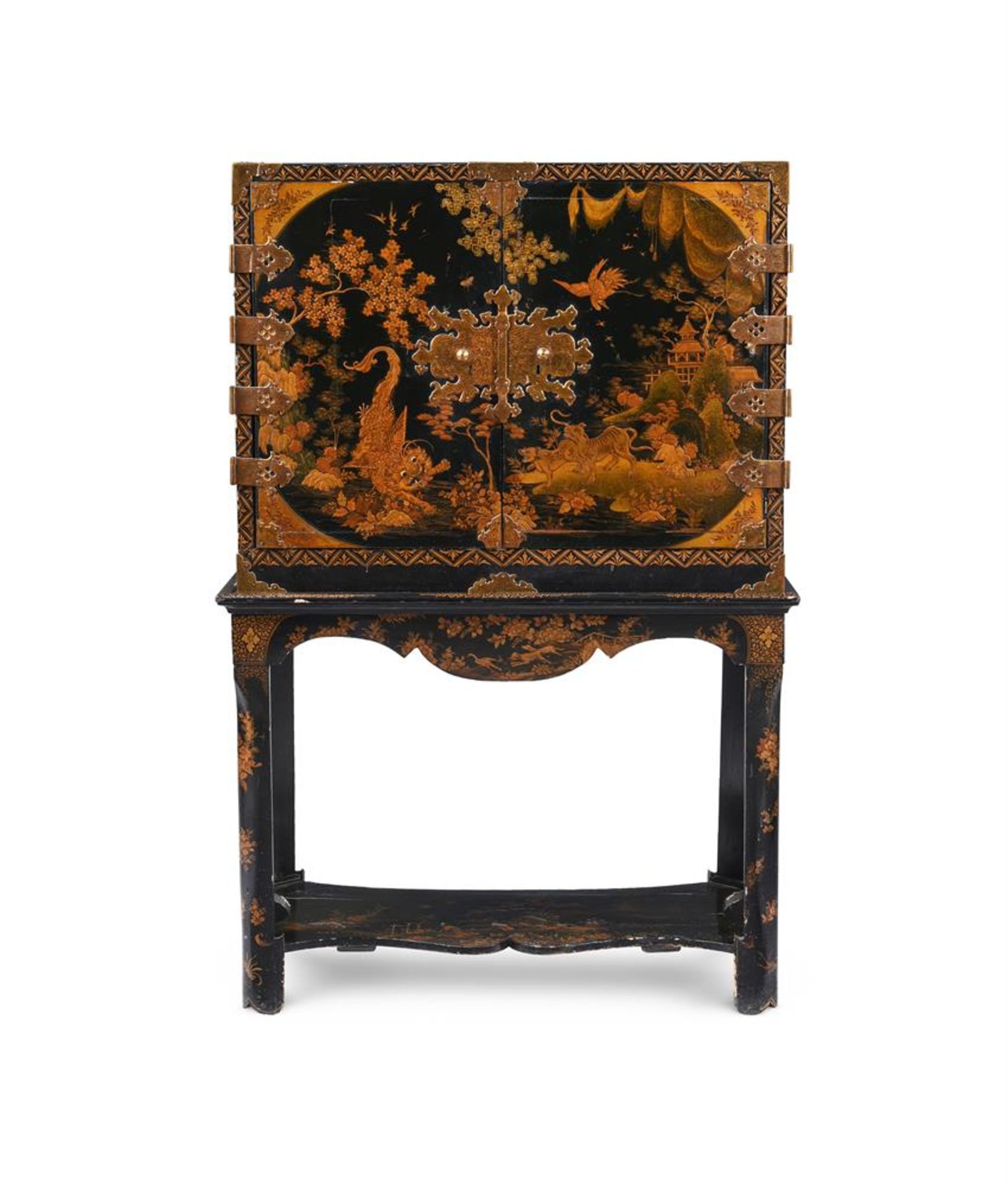 A BLACK LACQUER AND GILT CHINOISERIE DECORATED CABINET ON STAND, 18TH CENTURY