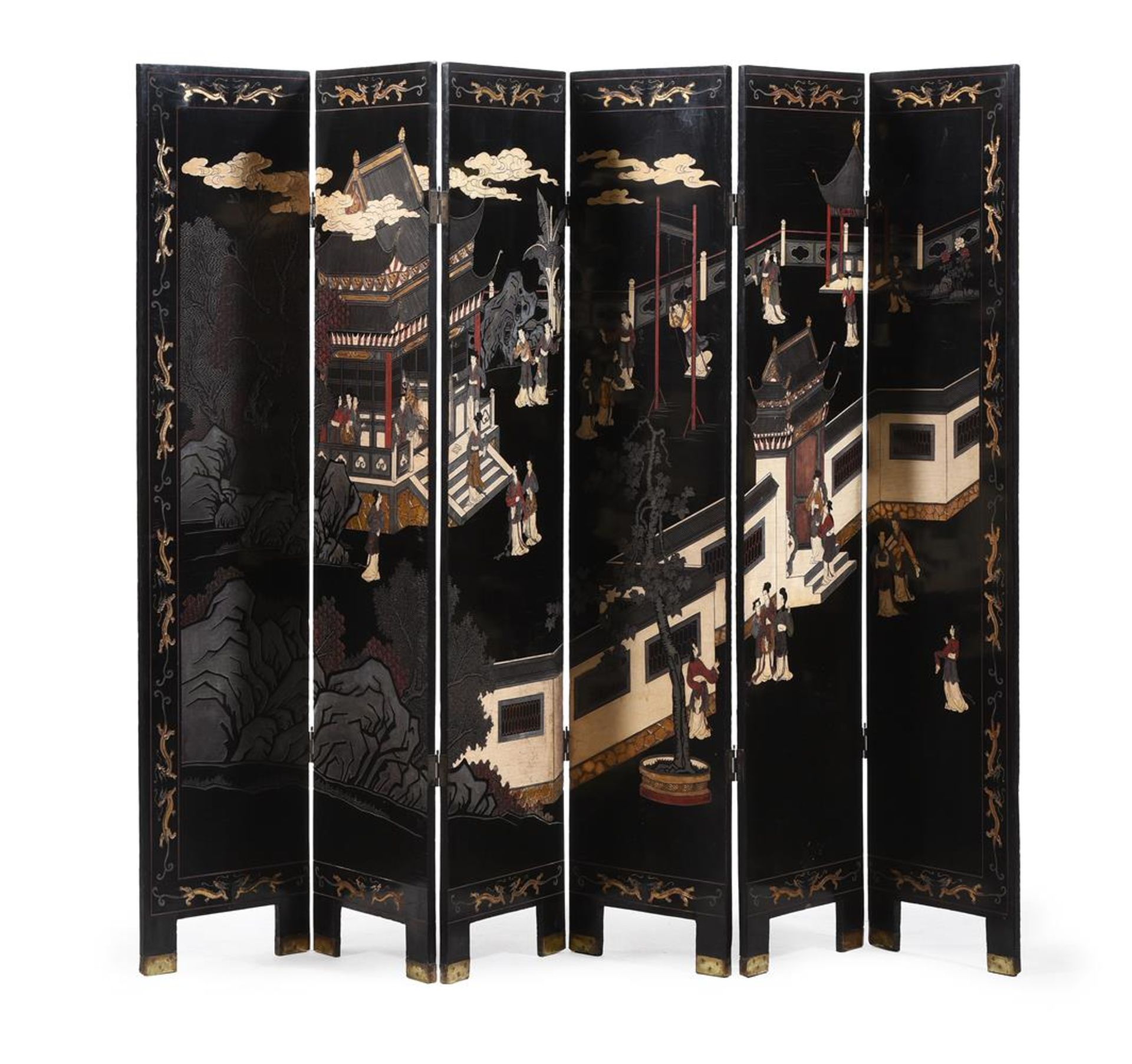A JAPANESE BLACK LACQUER AND DECORATED SIX-FOLD SCREEN, MEIJI PERIOD