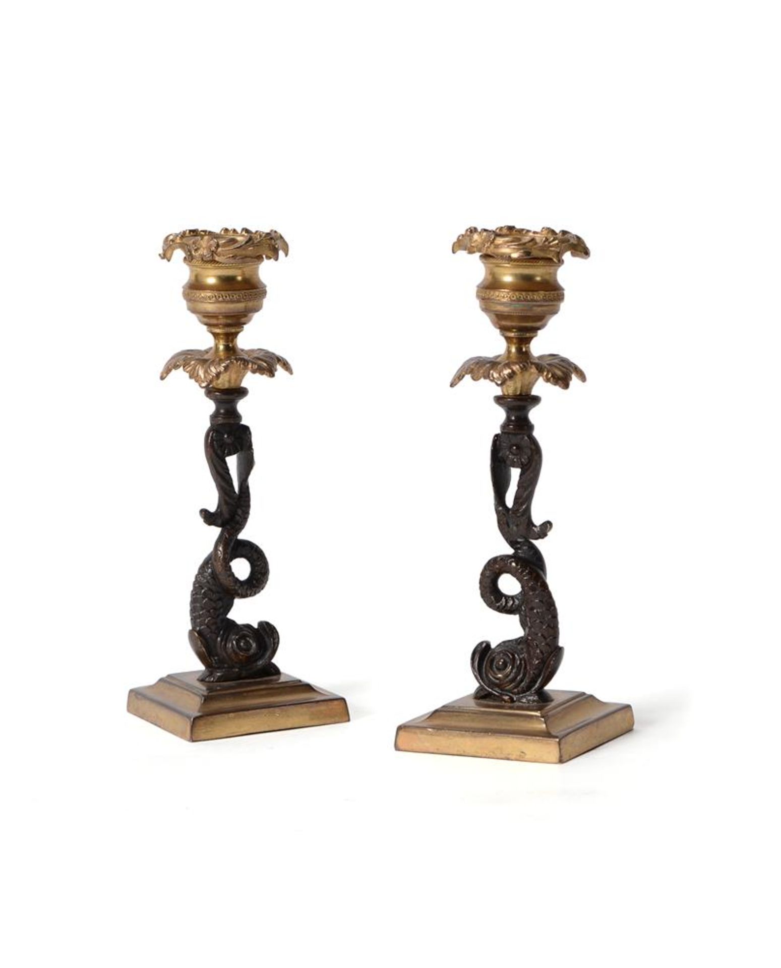 A PAIR OF REGENCY GILT AND PATINATED BRONZE CANDLESTICKS, EARLY 19TH CENTURY