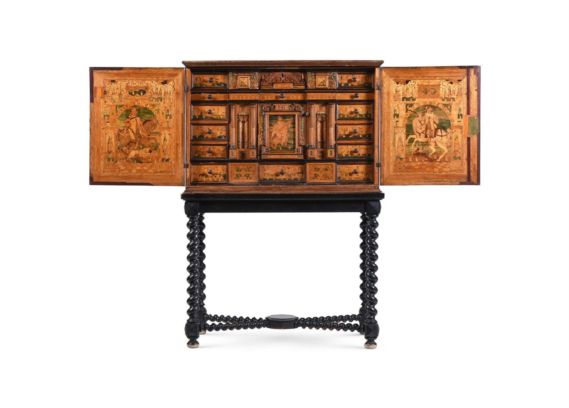 Y A SOUTH GERMAN SYCAMORE, FRUITWOOD AND SPECIMEN MARQUETRY COLLECTOR'S CABINET