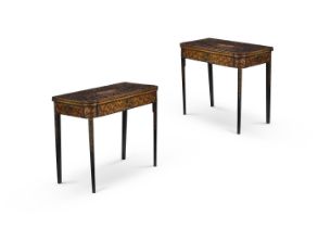 A RARE PAIR OF CHINESE EXPORT BLACK LACQUER AND GILT DECORATED FOLDING CARD TABLES