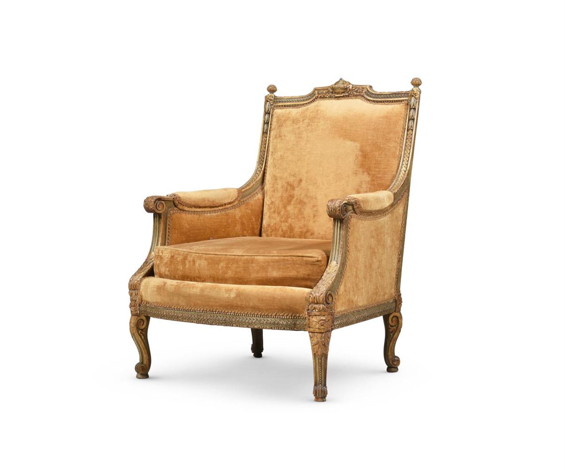 A LARGE PARCEL GILT, PAINTED AND UPHOLSTERED ARMCHAIR, IN THE MANNER OF GEORGES JACOB, 19TH CENTURY - Bild 2 aus 7