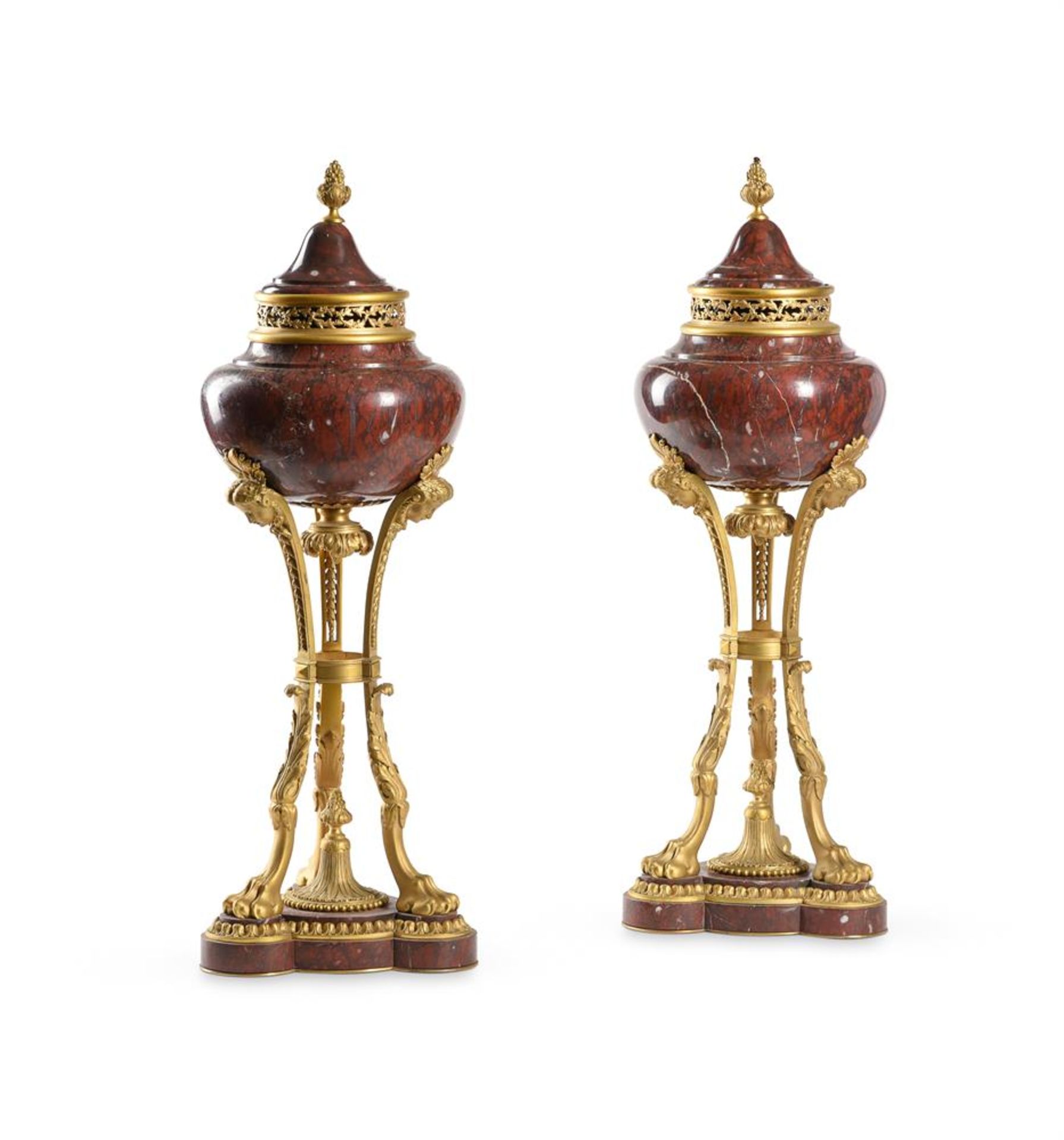 A LARGE PAIR OF FRENCH ORMOLU MOUNTED ROUGE GRIOTTE MARBLE BRULE PARFUMS, 19TH OR 20TH CENTURY - Image 2 of 4