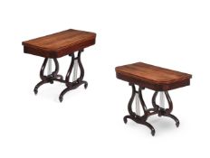 Y A PAIR OF REGENCY ROSEWOOD 'LYRE' CARD TABLES, EARLY 19TH CENTURY