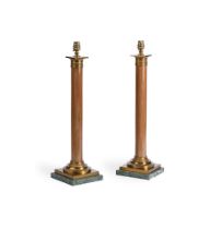A PAIR OF EMPIRE STYLE MAHOGANY, BRASS AND MARBLE TABLE LAMPS, 20TH CENTURY