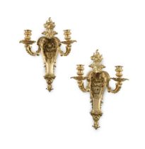 A PAIR OF FRENCH ORMOLU TWO BRANCH WALL LIGHTS, IN THE MANNER OF HENRI DASSON, 19TH CENTURY