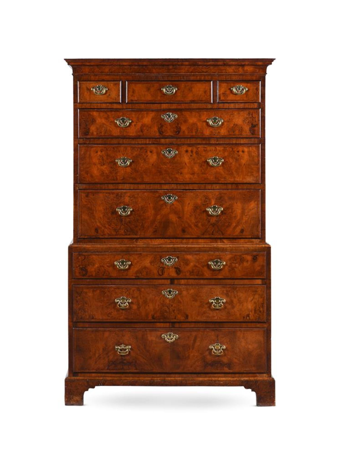 A GEORGE II BURR WALNUT CHEST ON CHEST, CIRCA 1740