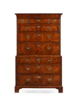 A GEORGE II BURR WALNUT CHEST ON CHEST, CIRCA 1740