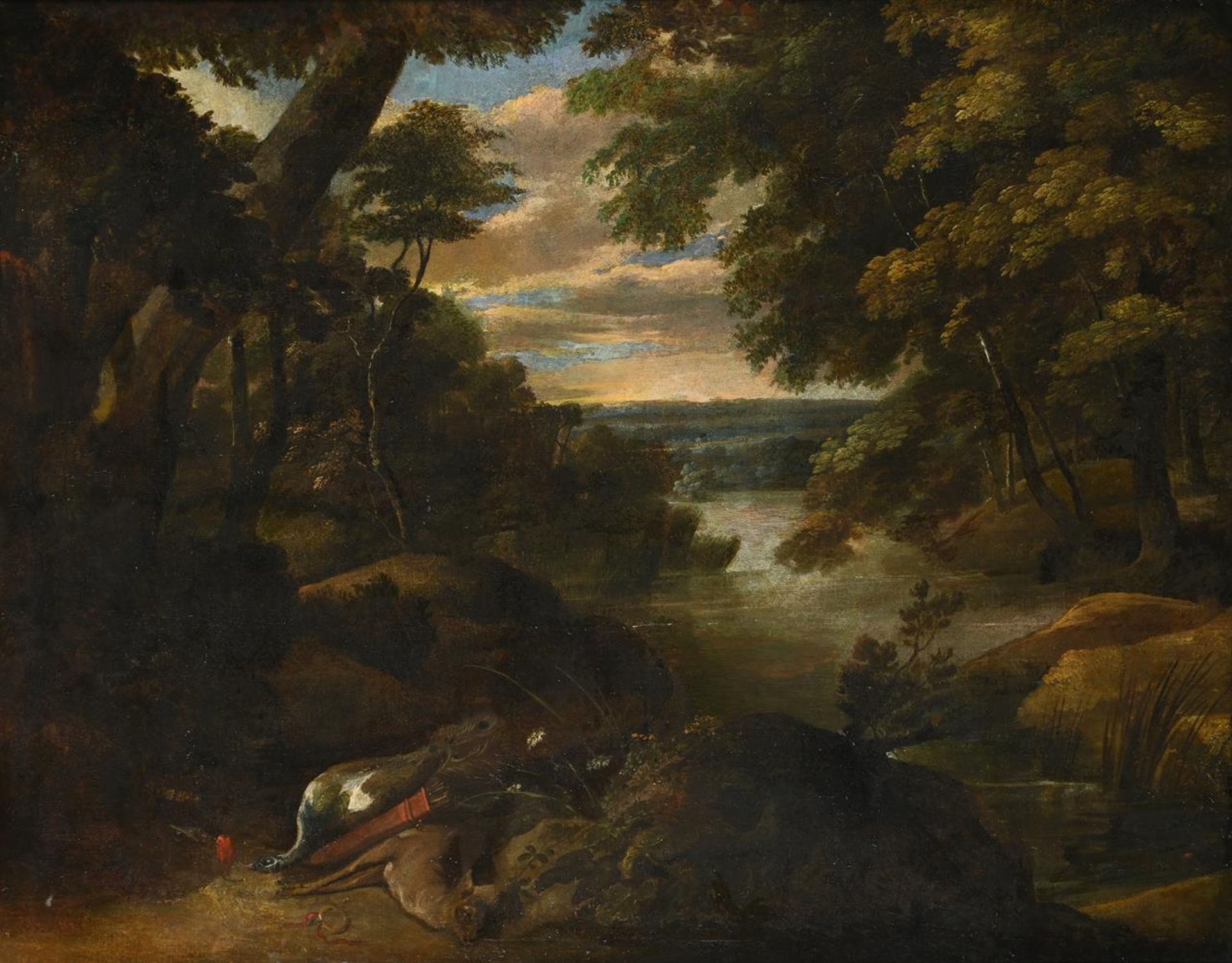 DUTCH SCHOOL (17TH CENTURY), A STILL LIFE OF DEAD GAME IN A LANDSCAPE - Image 2 of 3