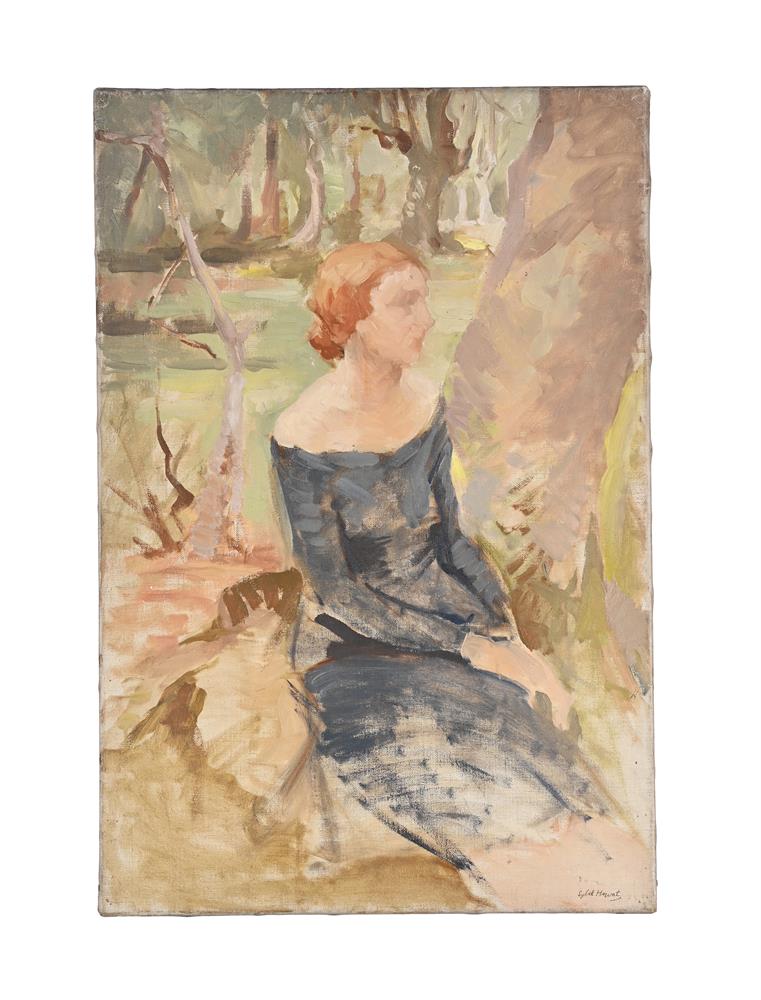 SYBIL FITZGERALD HEWAT, FEMALE SEATED, BESIDE A TREE IN WOODLAND