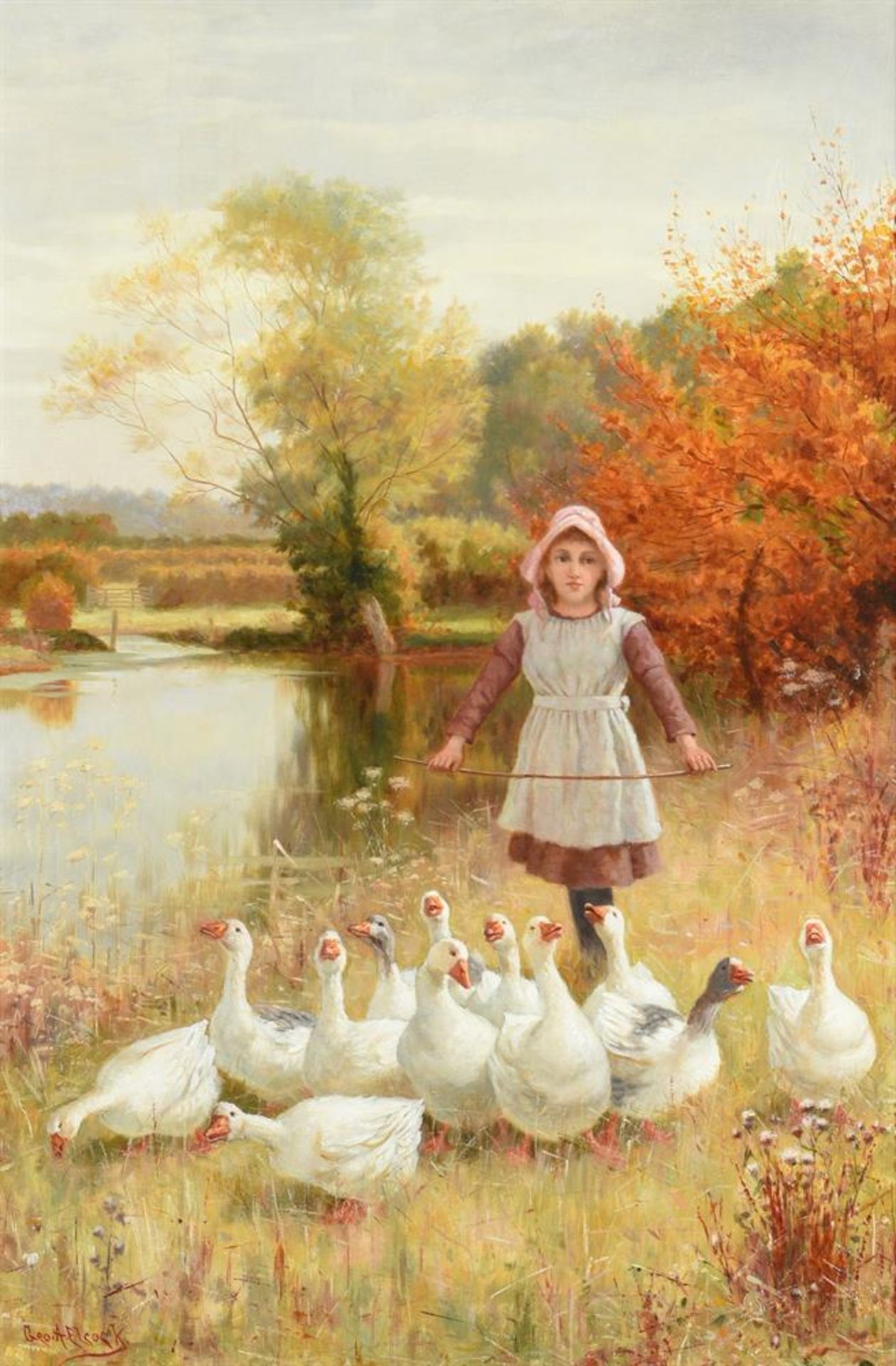 GEORGE A. ELCOCK (BRITISH 19TH/20TH CENTURY), A GIRL HERDING GEESE - Image 2 of 5