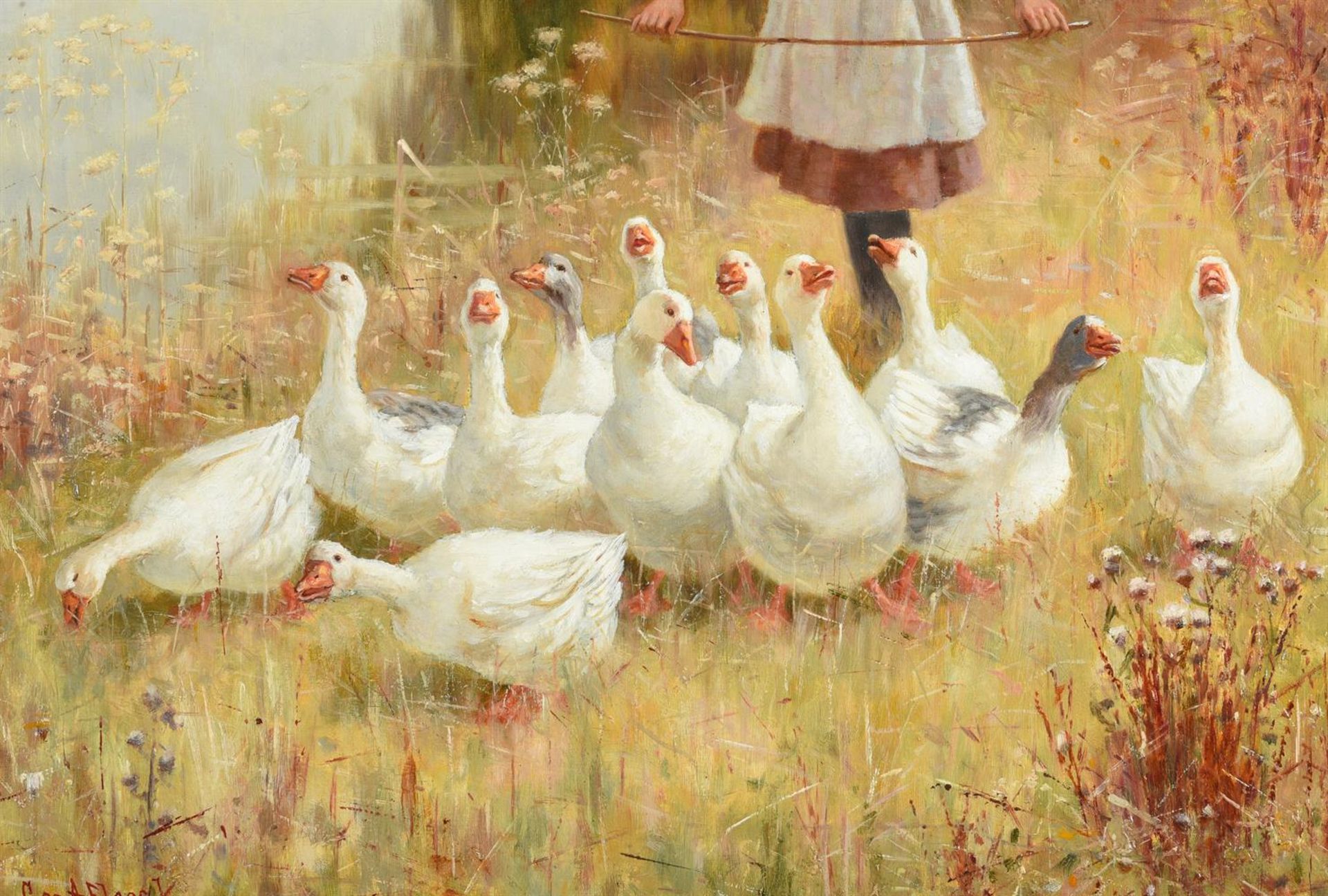 GEORGE A. ELCOCK (BRITISH 19TH/20TH CENTURY), A GIRL HERDING GEESE - Image 5 of 5